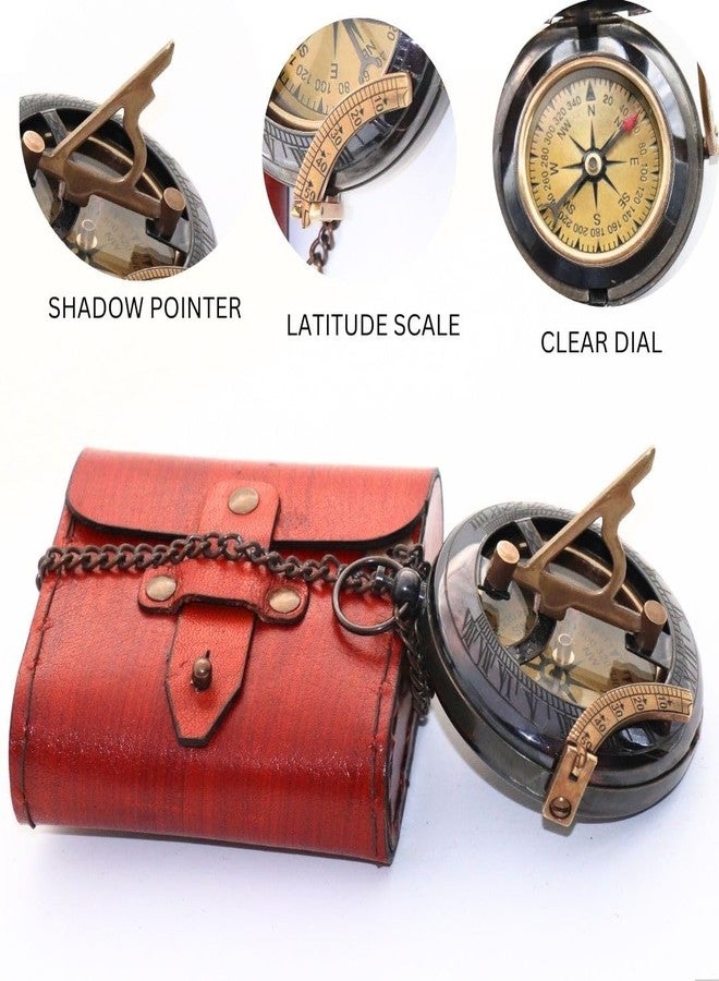 BAZROSS Handcrafted Vintage Brass Sundial Compass - Antique Nautical Sun Clock with Leather Case - Engraved Collectible Brass Compass Gift for Men - Christmas & Holiday Collection Gift - Image 4